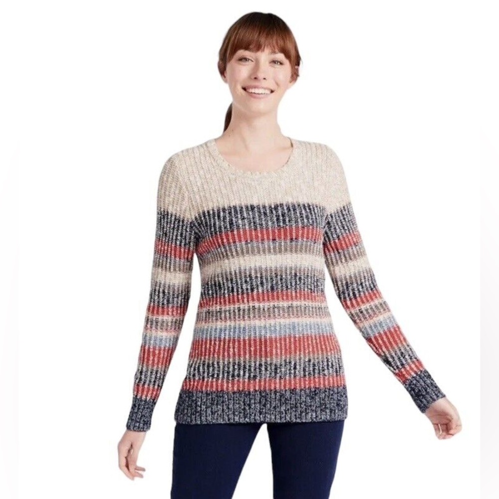 L.L. Bean Cotton Ragg Sweater Marled Crewneck Striped Pullover Size Small